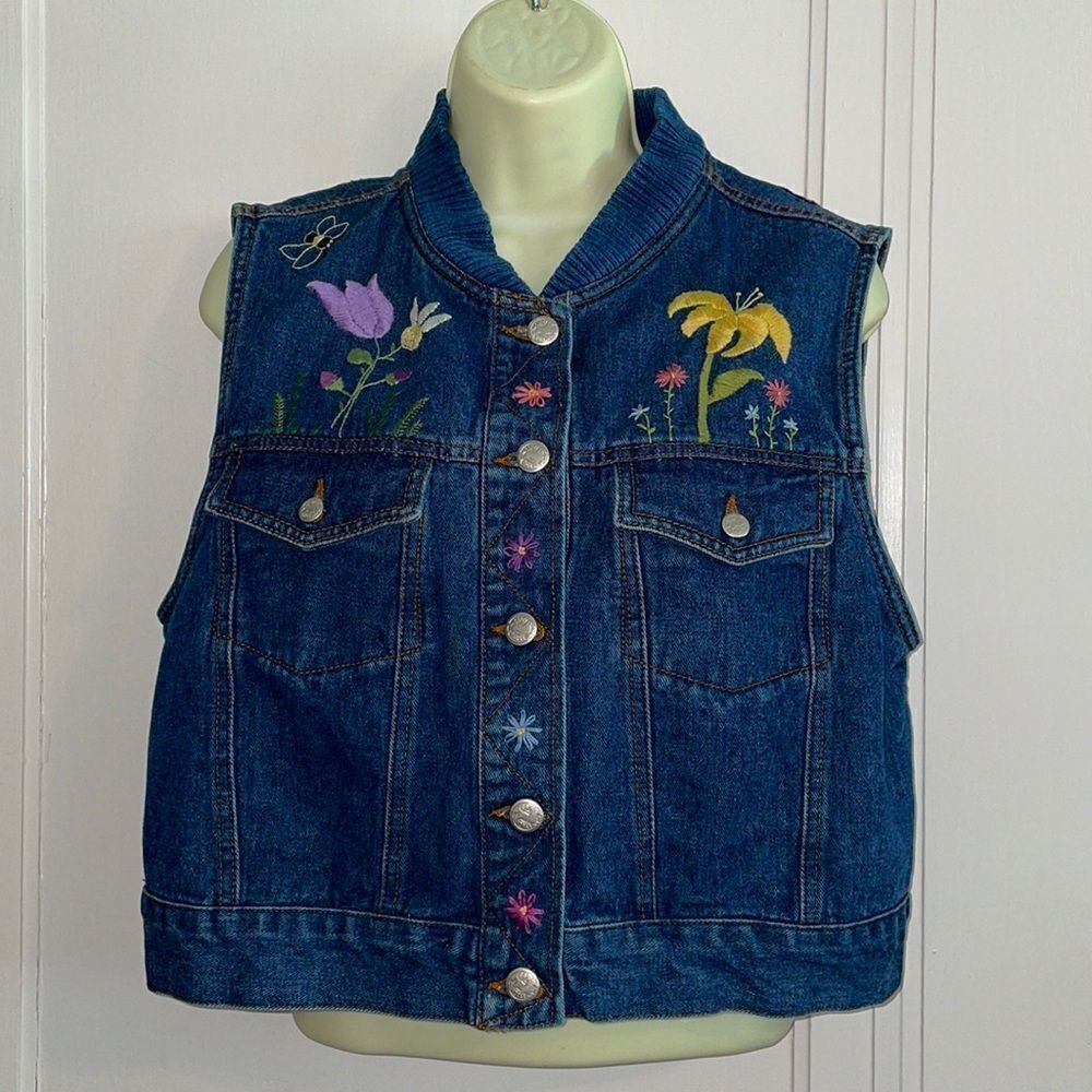Vintage 80s/90s Crazy Horse blue denim floral‎ embroidered vest